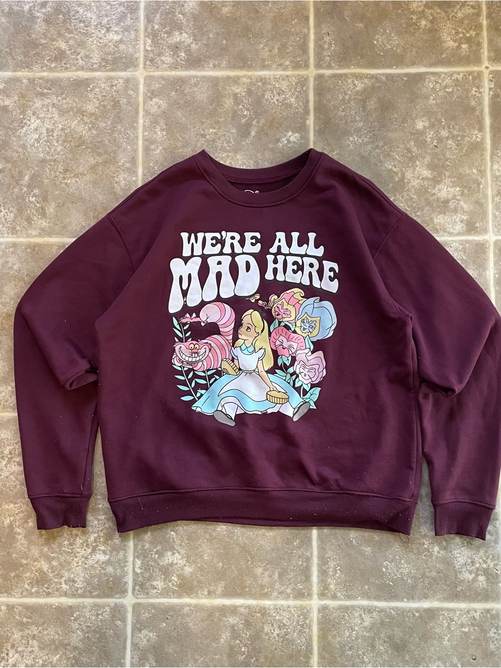 Disney women's Burgundy Crewneck Sweatshirt with Alice in Wonderland Graphic